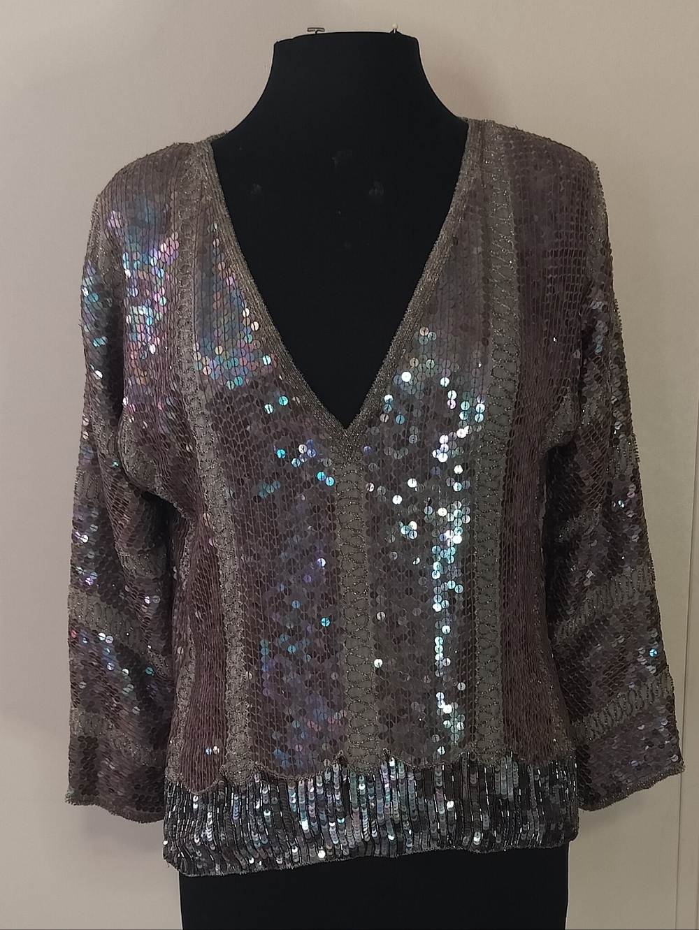 Sequin V-Neck Blouse in Iridescent Taupe